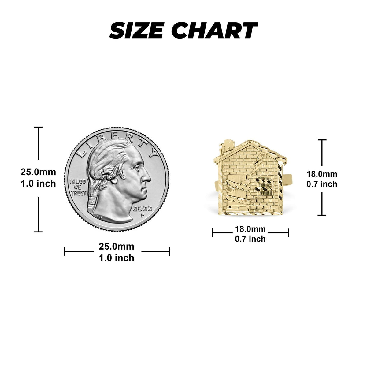 Size chart comparing a US quarter to the 10k gold trap house ring.