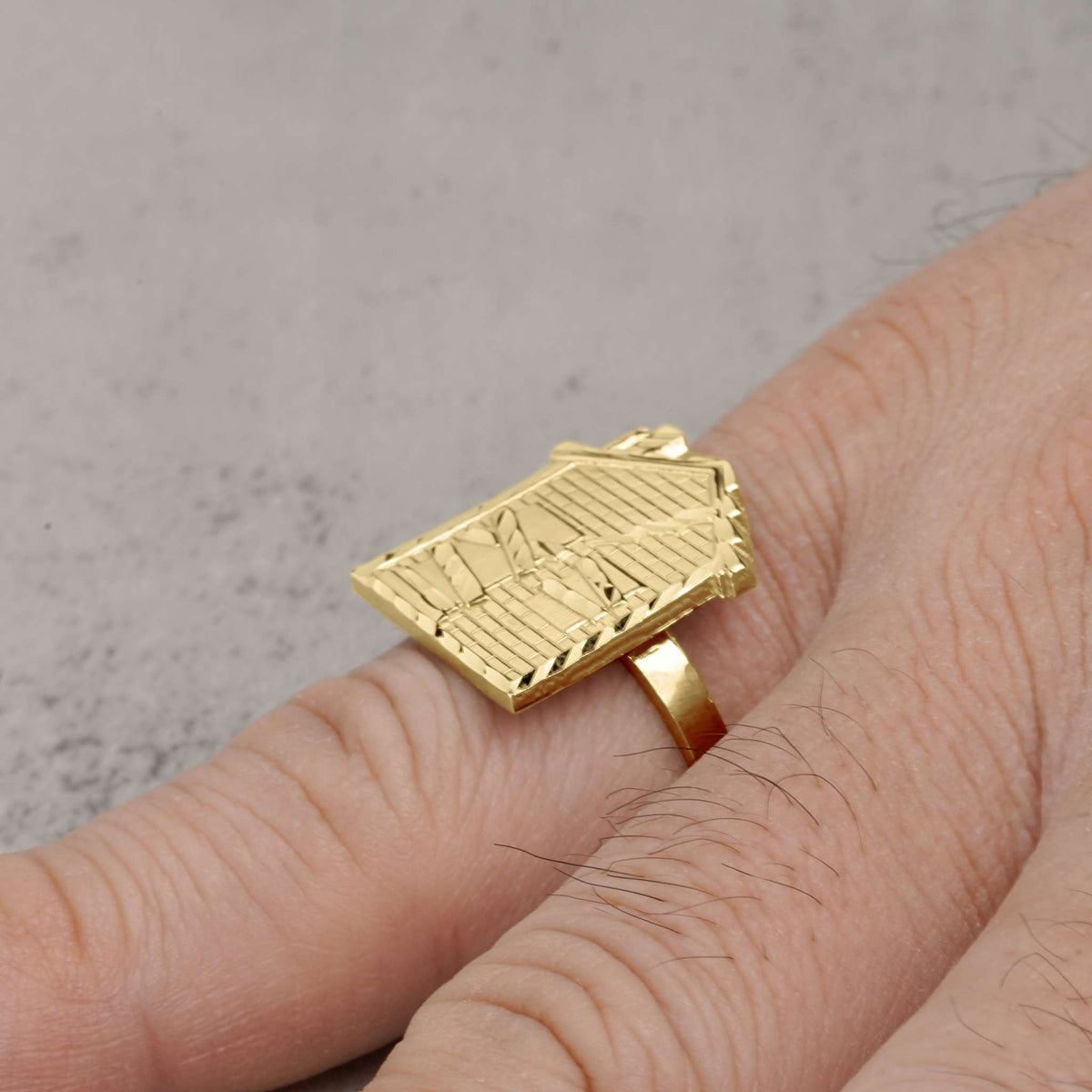 A 10k gold trap house signet ring being worn on a person's pinky finger.