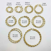 Nine pairs of gold twisted hoop earrings in various sizes with labeled millimeter measurements.