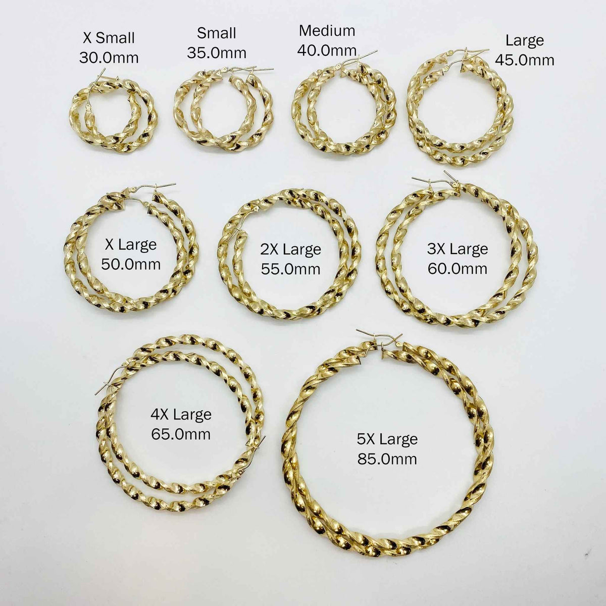 Nine pairs of gold twisted hoop earrings in various sizes with labeled millimeter measurements.