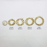 10k gold twisted hoop earrings extra small to large size guide with quarter coin.