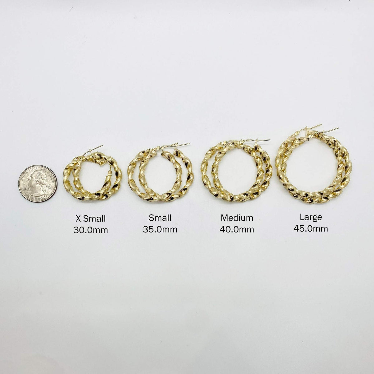 10k gold twisted hoop earrings extra small to large size guide with quarter coin.