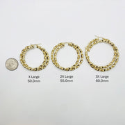10k gold twisted hoop earrings X-large to 3X-large size guide with a quarter coin.