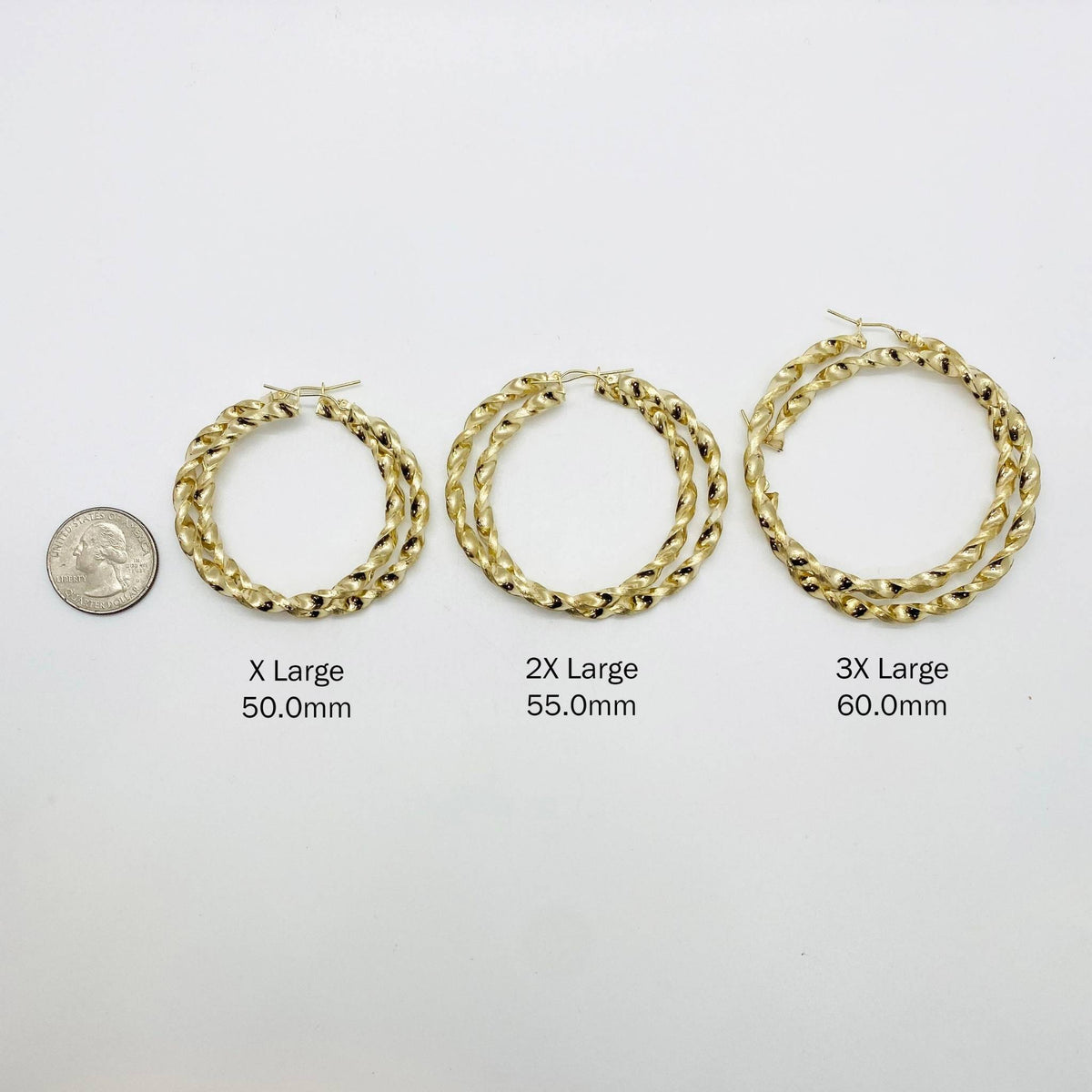 10k gold twisted hoop earrings X-large to 3X-large size guide with a quarter coin.