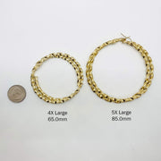 10k gold twisted hoop earrings 4X-large 65mm and 5X-large 85mm size guide with quarter coin.