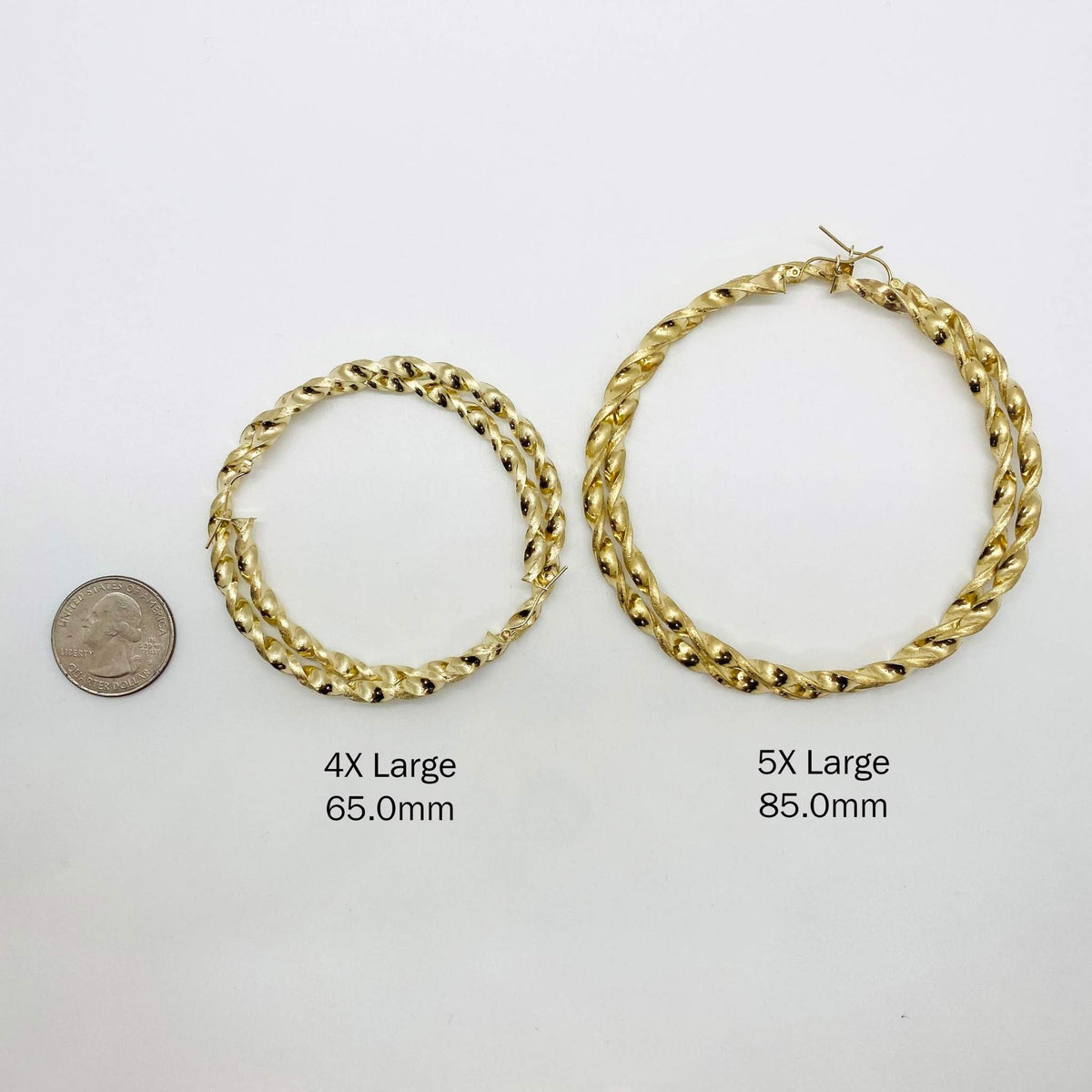 10k gold twisted hoop earrings 4X-large 65mm and 5X-large 85mm size guide with quarter coin.
