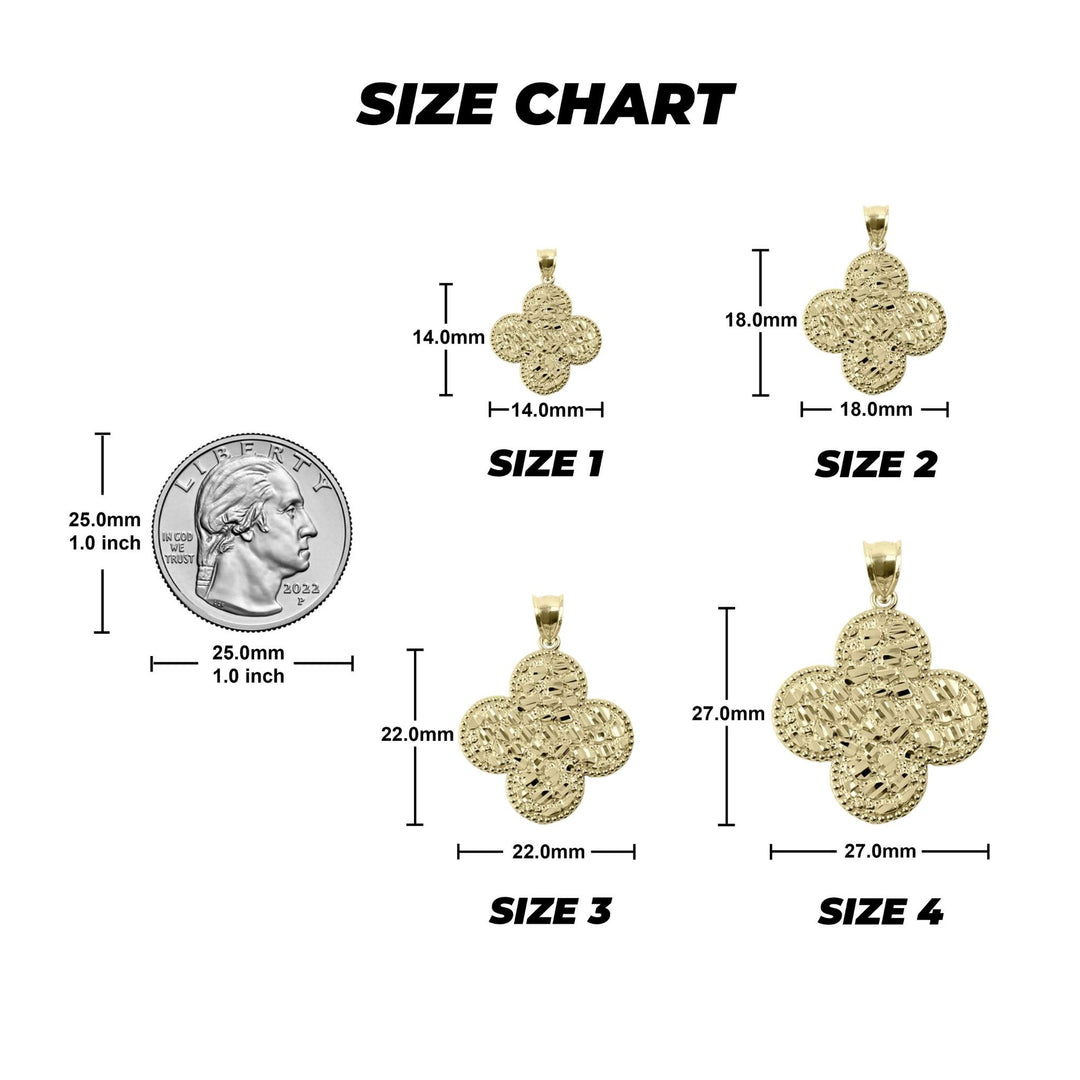 A size chart graphic showing four gold-toned clover-shaped pendant sizes labeled Size 1, Size 2, Size 3, and Size 4, with a U.S.