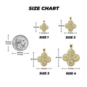 A size chart graphic showing four gold-toned clover-shaped pendant sizes labeled Size 1, Size 2, Size 3, and Size 4, with a U.S.