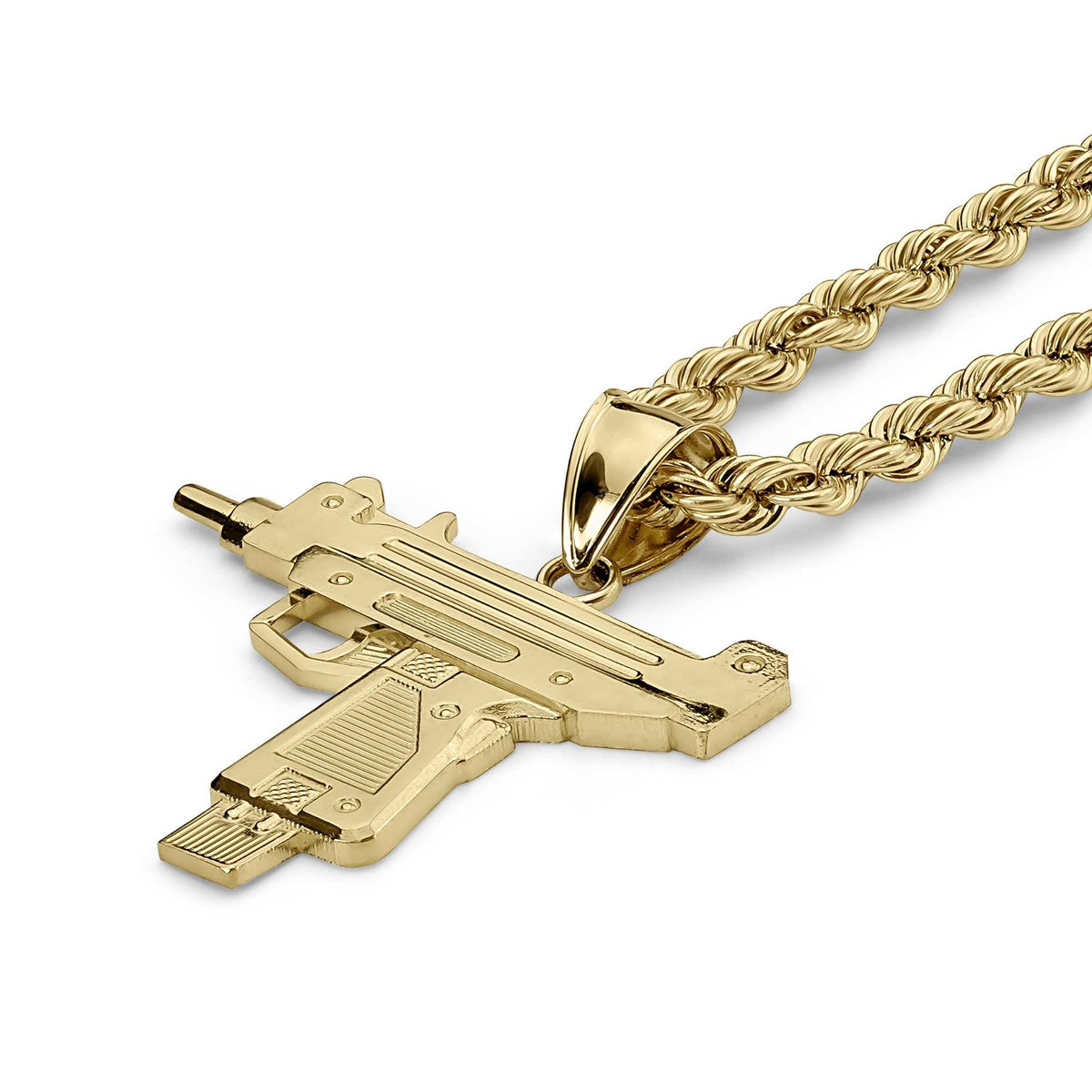 A gold-plated submachine gun pendant on a thick gold rope chain, shown at an angle against a clean white background.