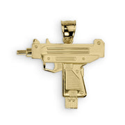 Studio product image showing the front view of the 10k gold Uzi gun pendant.