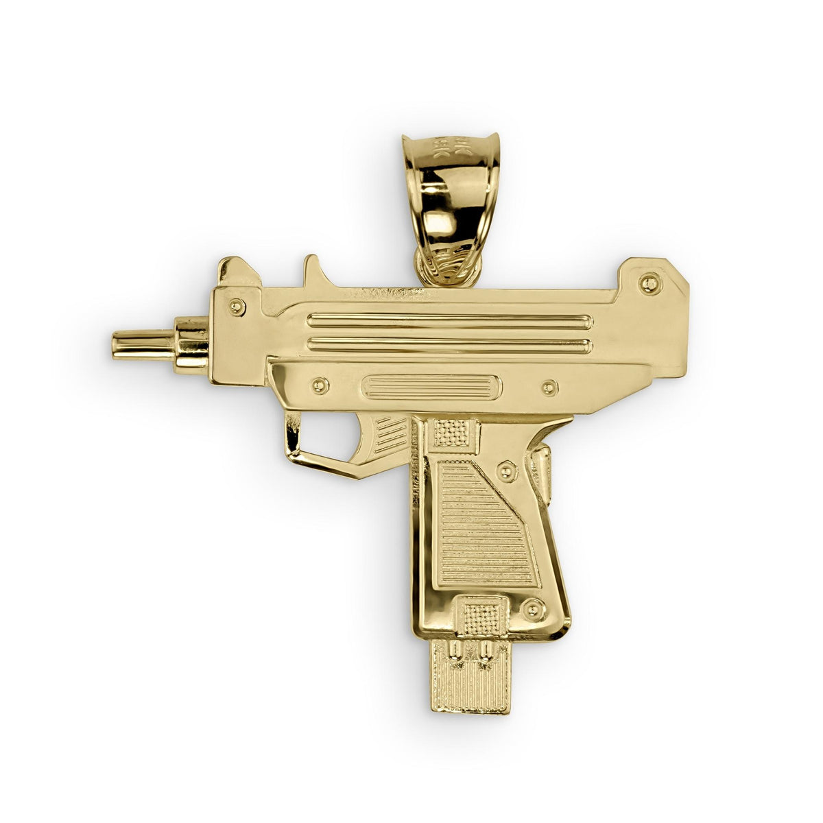 Studio product image showing the front view of the 10k gold Uzi gun pendant.