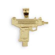 A gold-plated submachine gun pendant showing the flat, polished reverse side and bail against a plain white background.
