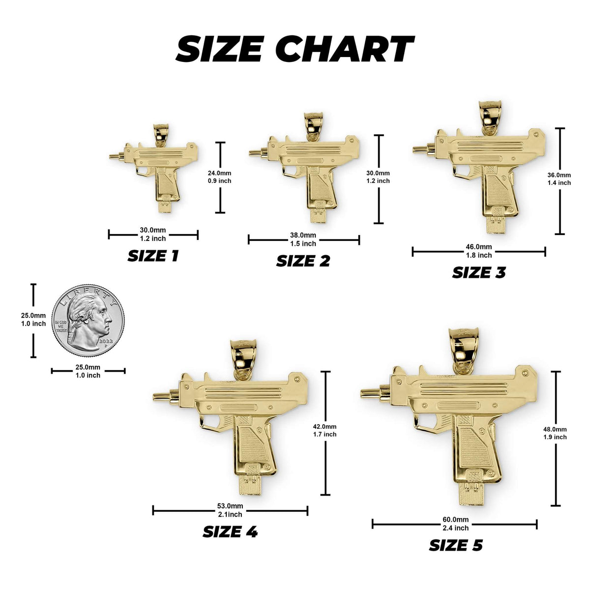 Infographic illustrating width and height measurements for the Uzi gun pendant collection against a white background.