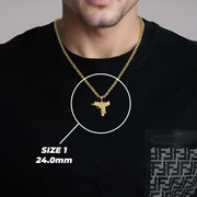 Model wearing the Size 1 gold submachine gun necklace with size measurements.