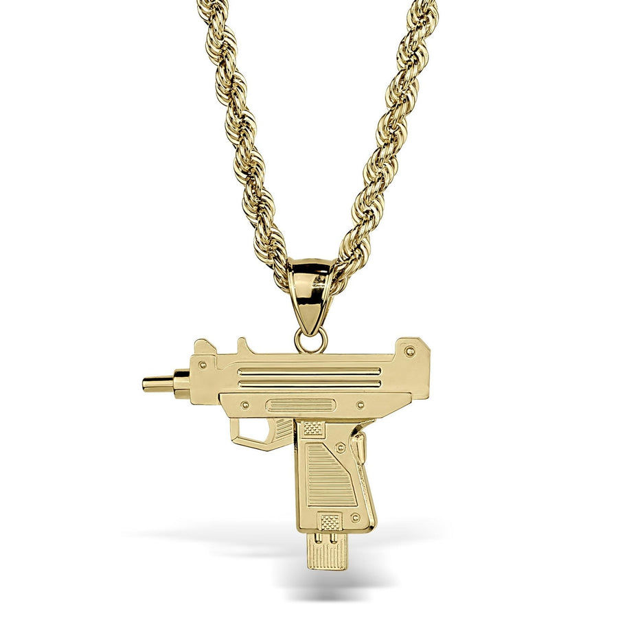 A gold-plated submachine gun pendant necklace on a thick gold rope chain, shown against a plain white background.