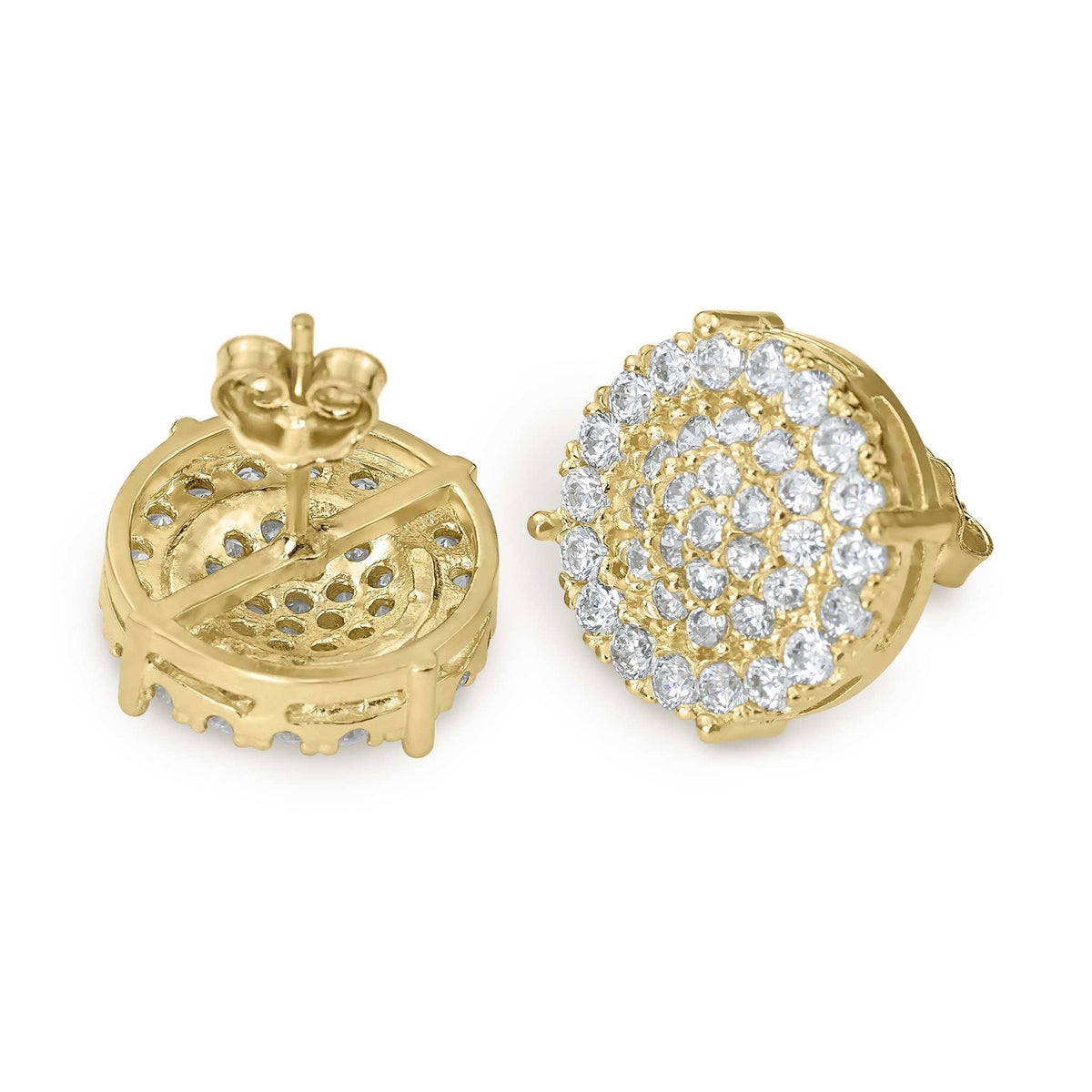 Front and back view of 10k yellow gold round stud earrings with pavé CZ.