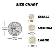 Visual size guide for 10k gold Vins stud earrings, comparing 10mm, 12mm, and 14mm sizes.