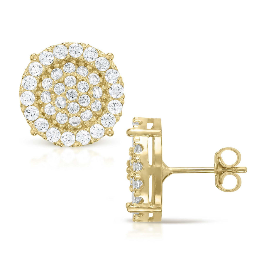 Front and side profile of 10k yellow gold round stud earrings with layered CZ.