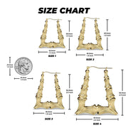 Size chart displaying four 10k gold bamboo square hoop earring sizes with measurements and coin.