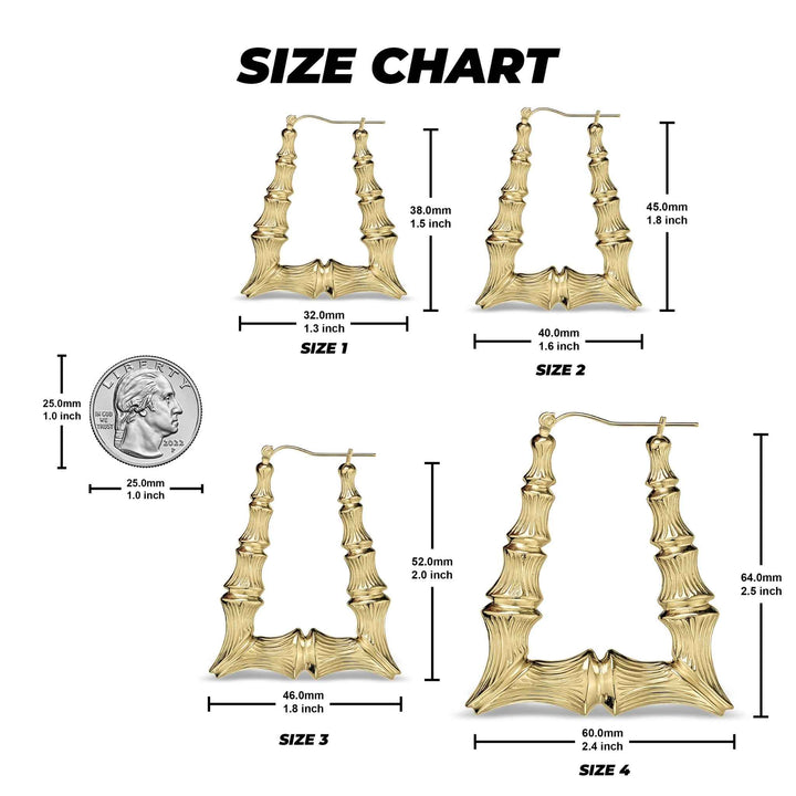 Size chart displaying four 10k gold bamboo square hoop earring sizes with measurements and coin.