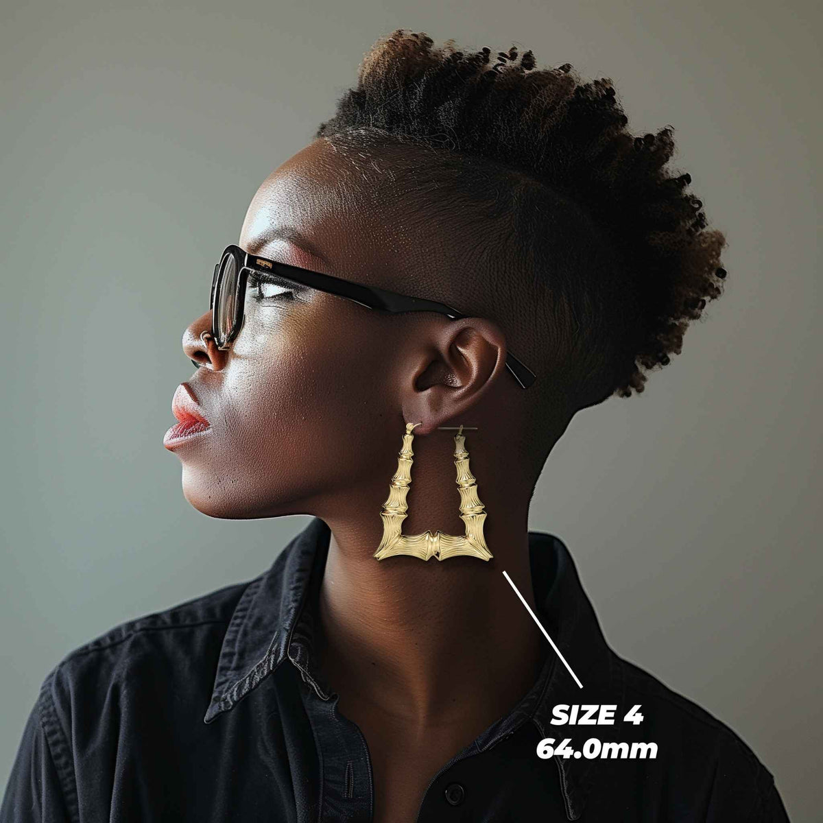 Side profile of a model wearing the 64.0mm Size 4 gold bamboo square hoop.