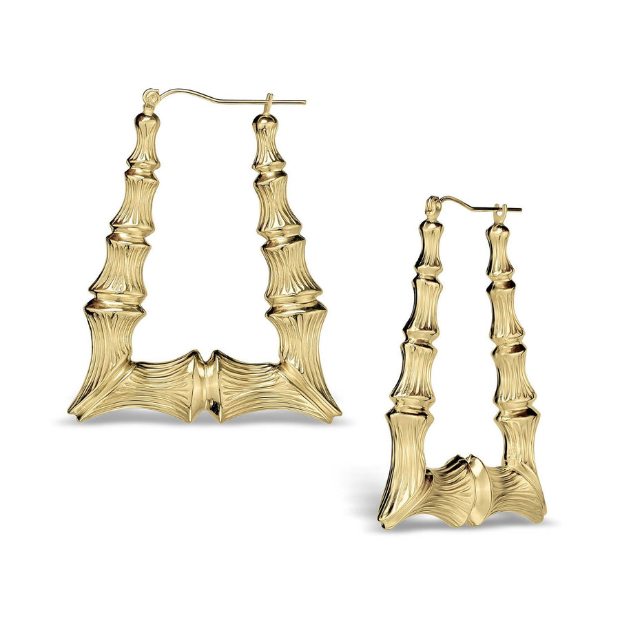 Two polished 10k yellow gold bamboo-textured square hoop earrings shown on a white background.