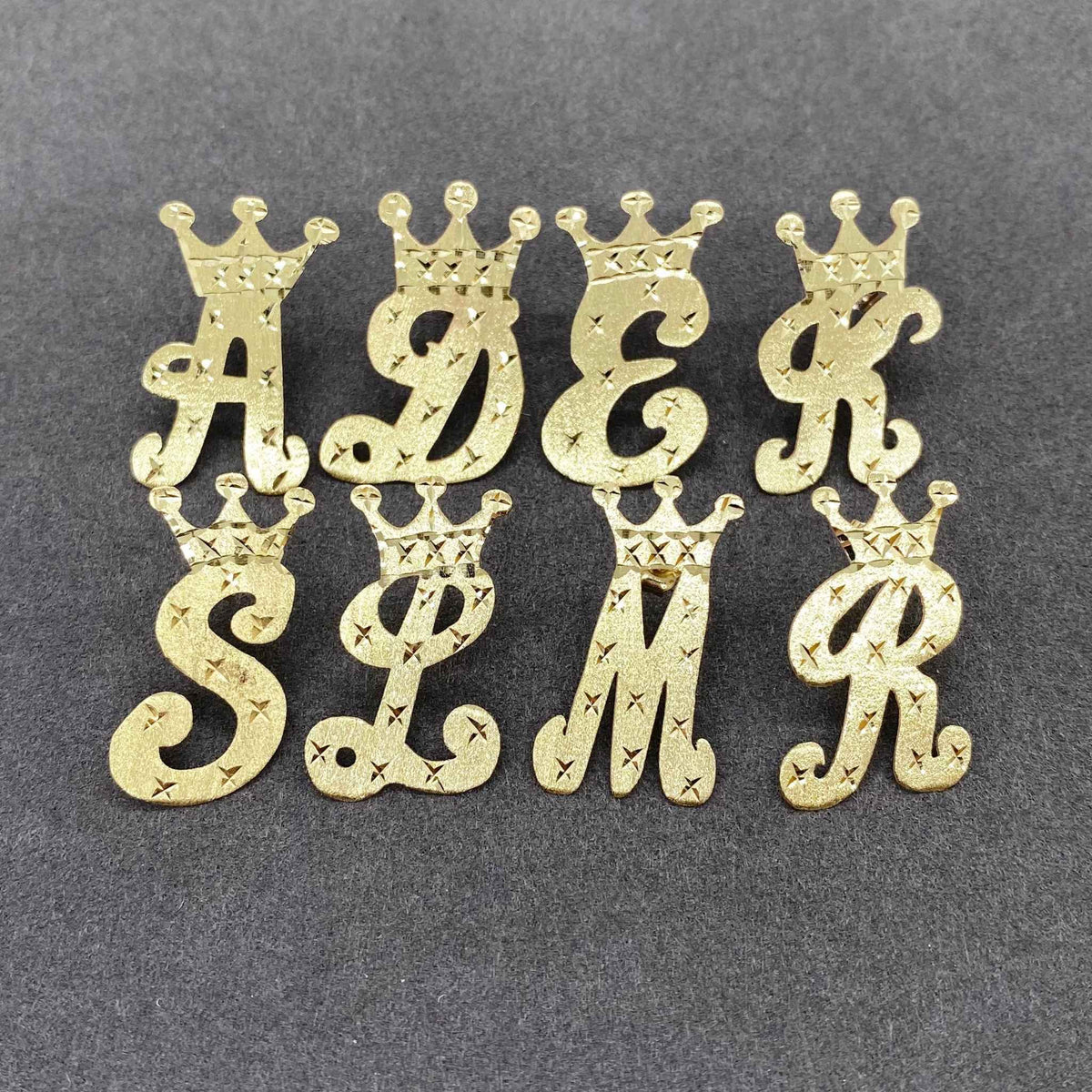 10K yellow gold vintage crown cursive initial stud earrings alphabet collection assortment.