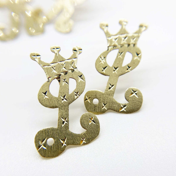 10k Gold Vintage Crown Cursive Initial Stud Earrings