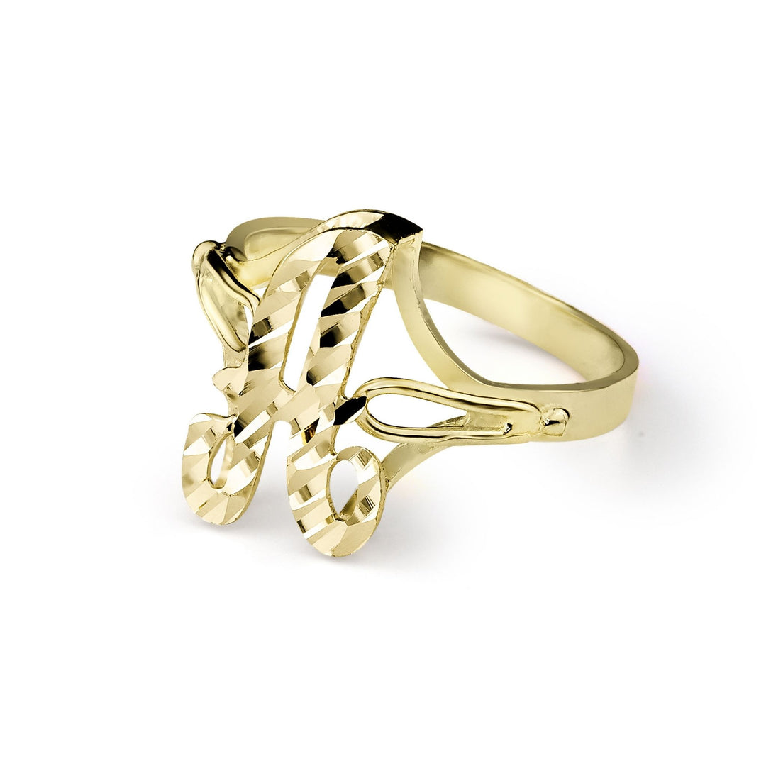 10k yellow gold vintage cursive diamond-cut initial ring featuring the letter A