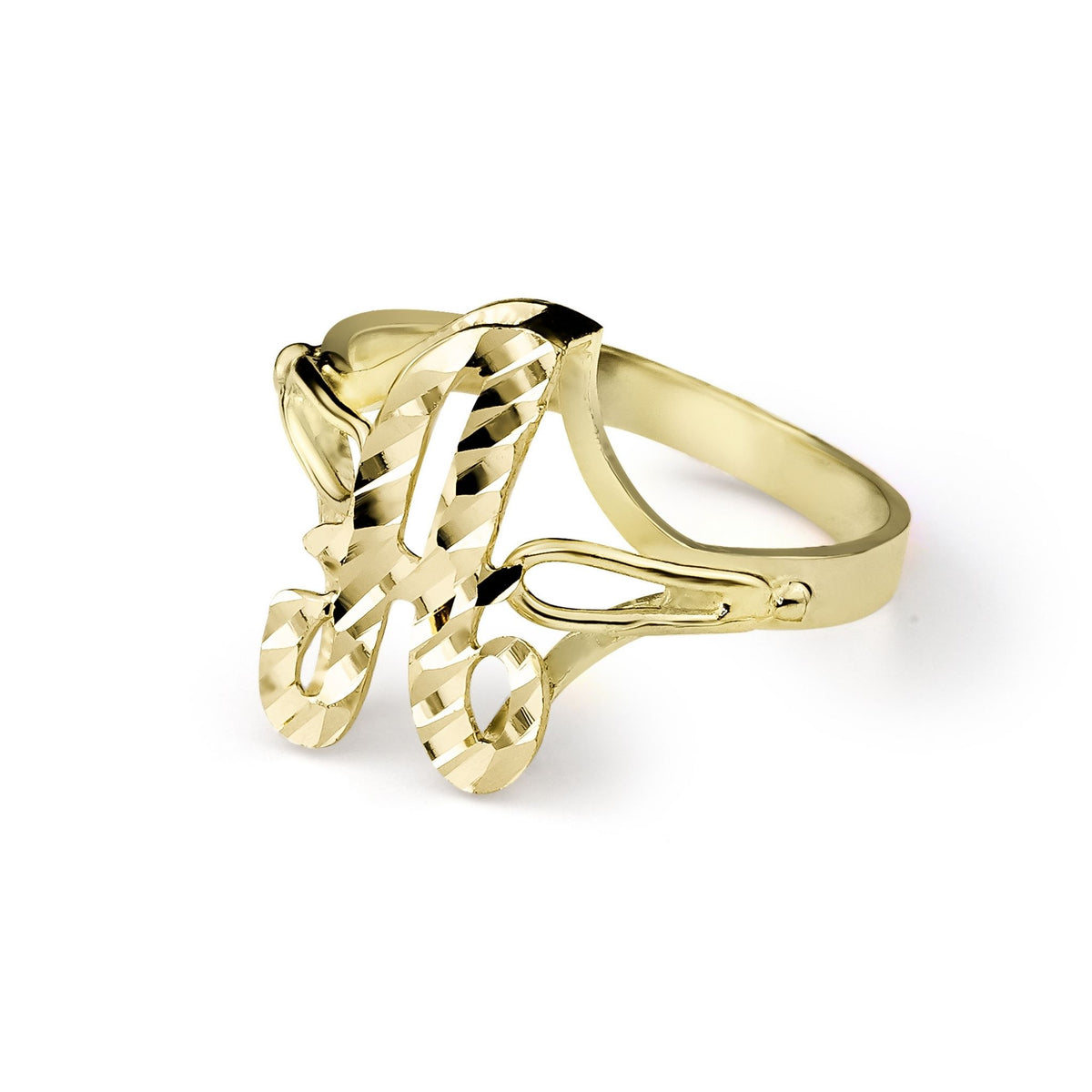 10k yellow gold vintage cursive diamond-cut initial ring featuring the letter A