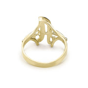 Inside view of a 10k gold cursive initial ring showing its hollow open-back construction