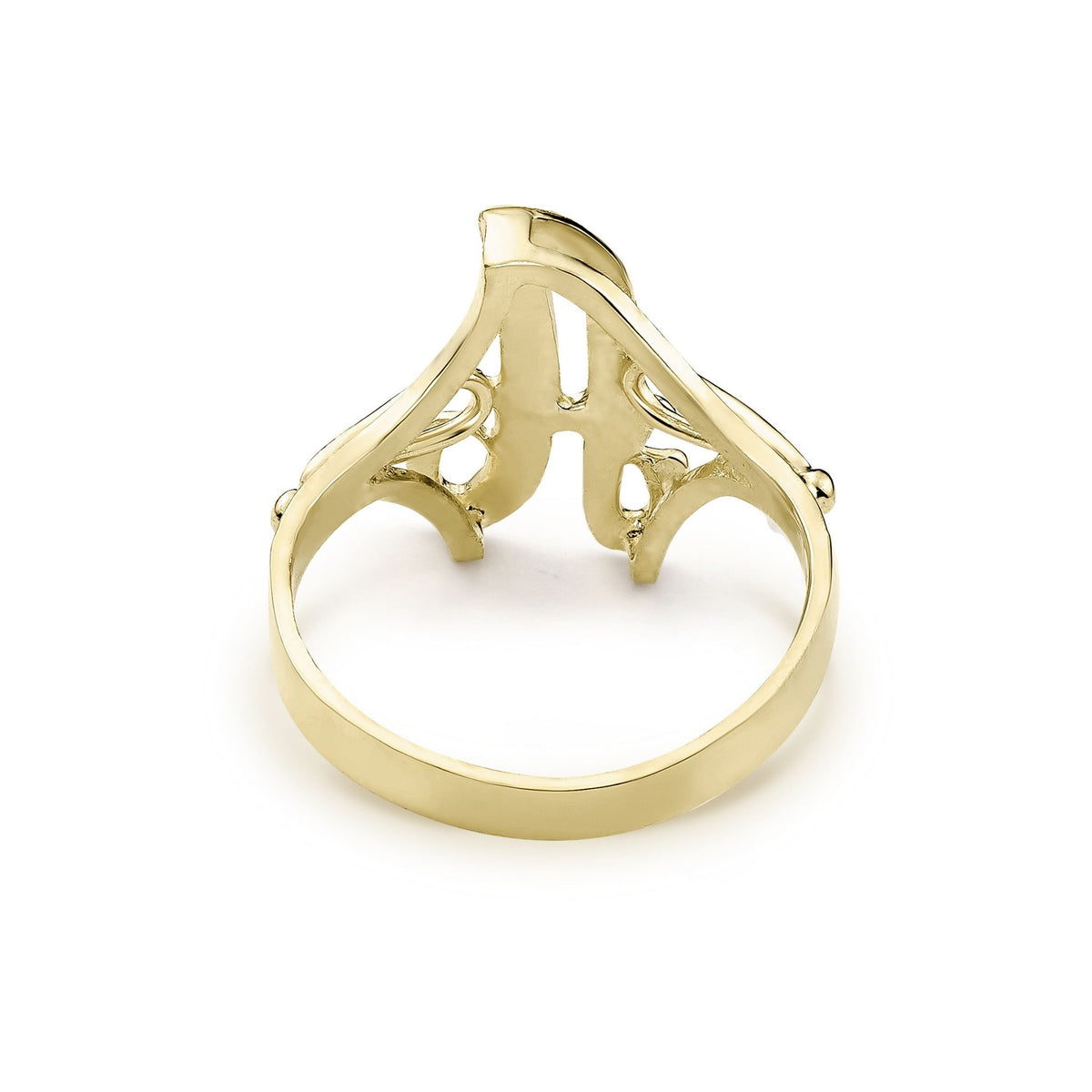 Inside view of a 10k gold cursive initial ring showing its hollow open-back construction