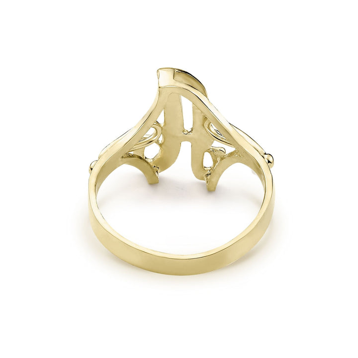 Inside view of a 10k gold cursive initial ring showing its hollow open-back construction