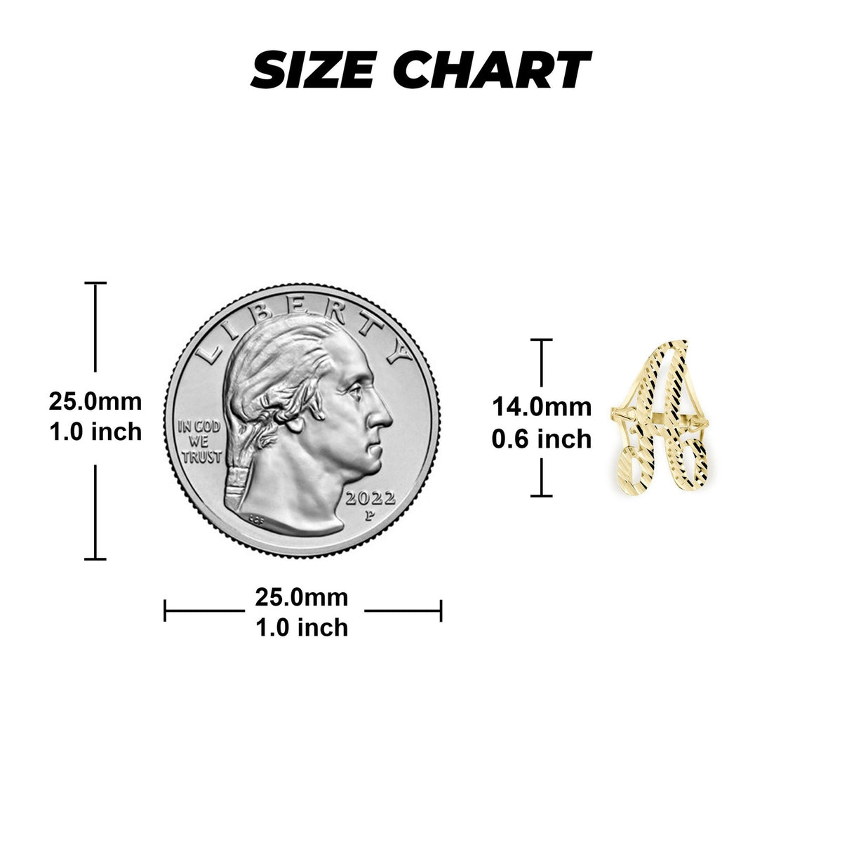 Size chart comparing a US quarter to a 14.0mm gold vintage cursive initial ring.