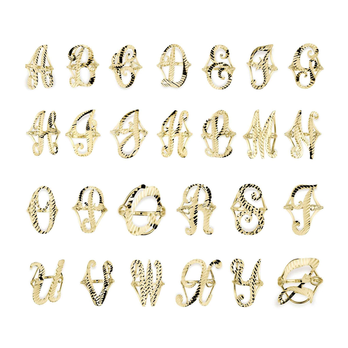 Grid display of 10k yellow gold vintage cursive initial rings showing multiple alphabet variants.