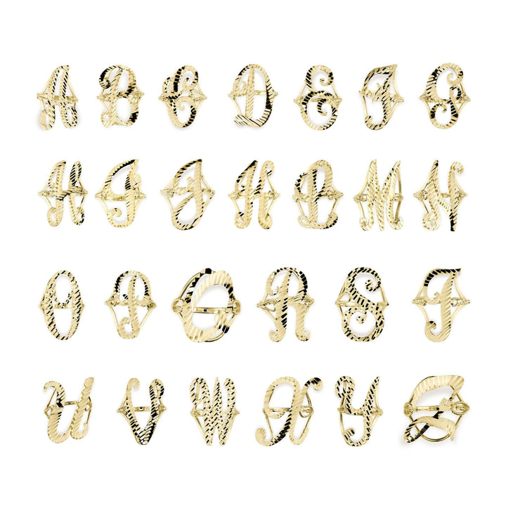 Grid display of 10k yellow gold vintage cursive initial rings showing multiple alphabet variants.