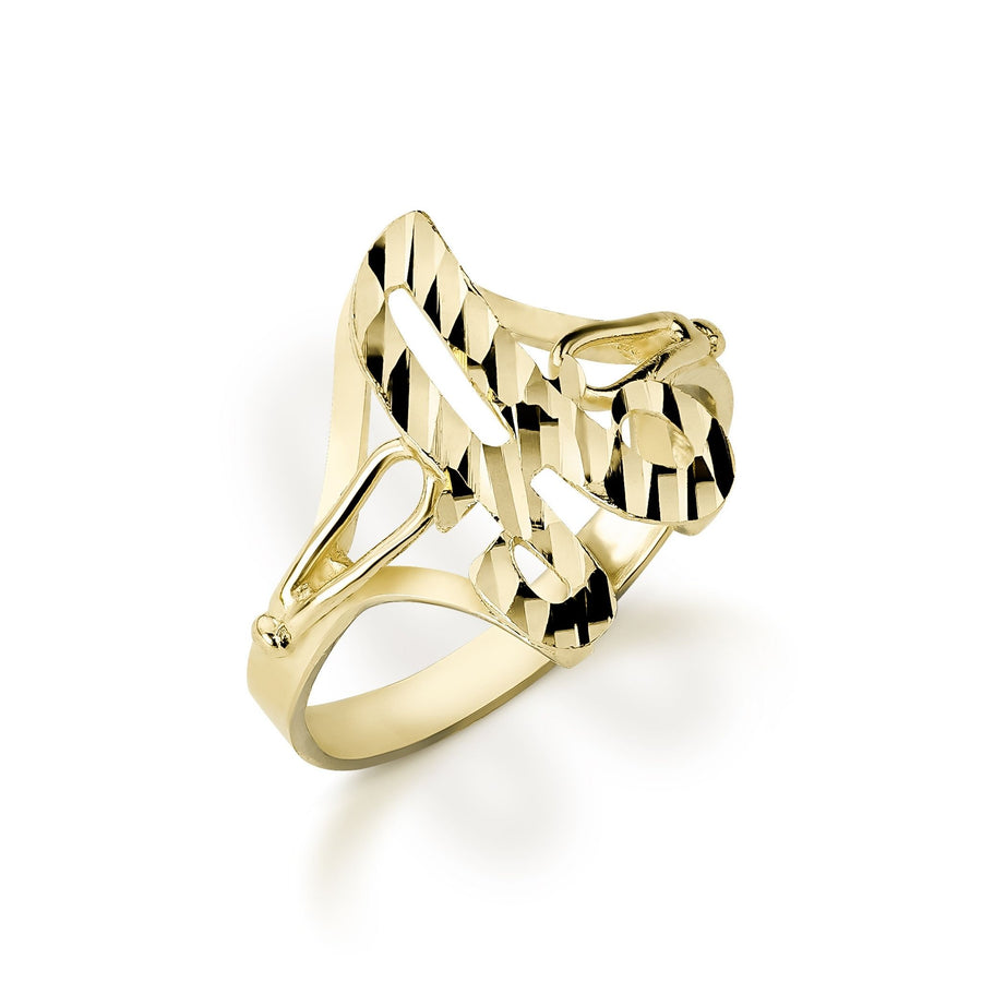 Gold cursive signet ring with a textured diamond-cut alphabet letter A