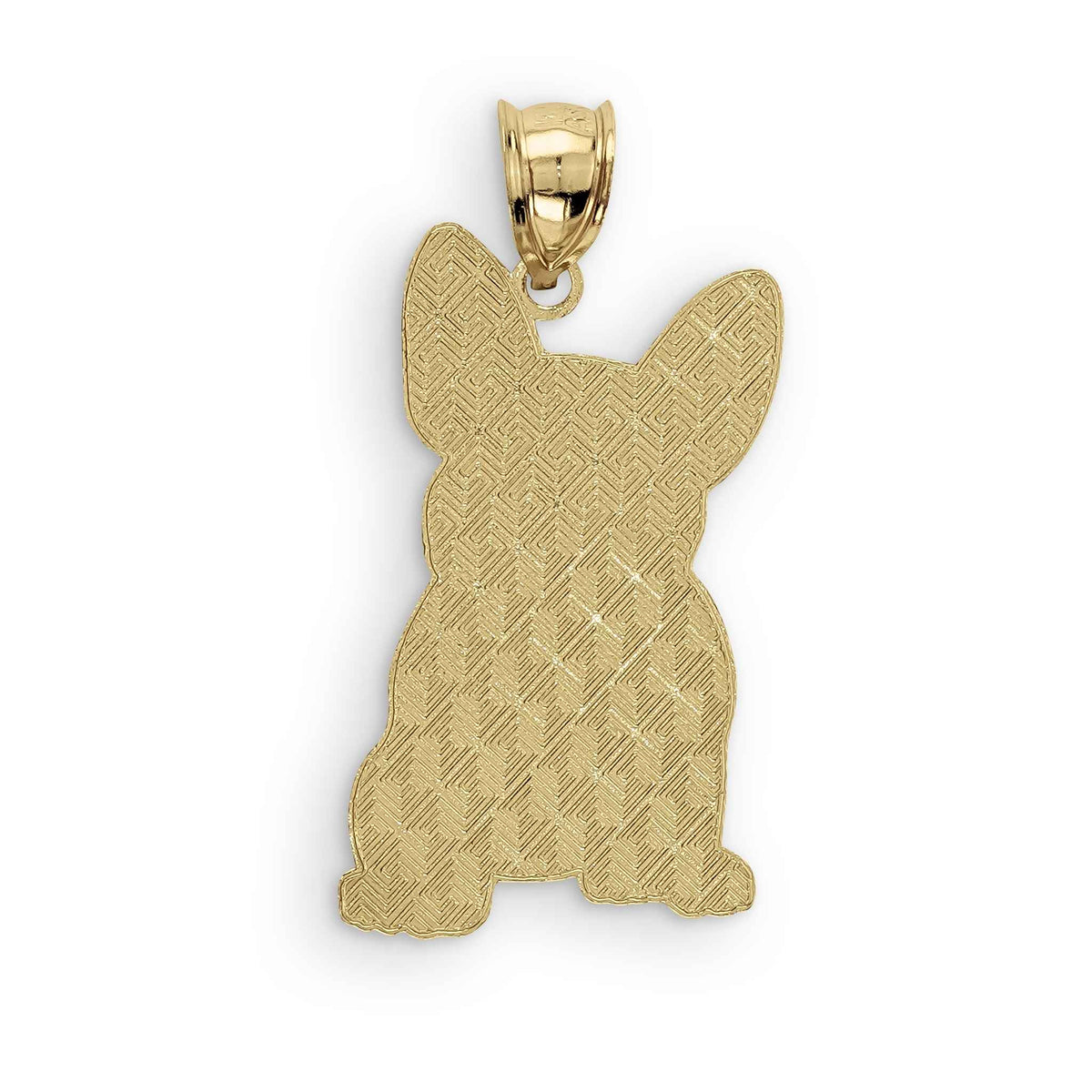 A gold French Bulldog pendant showing textured back details and a bail on white.