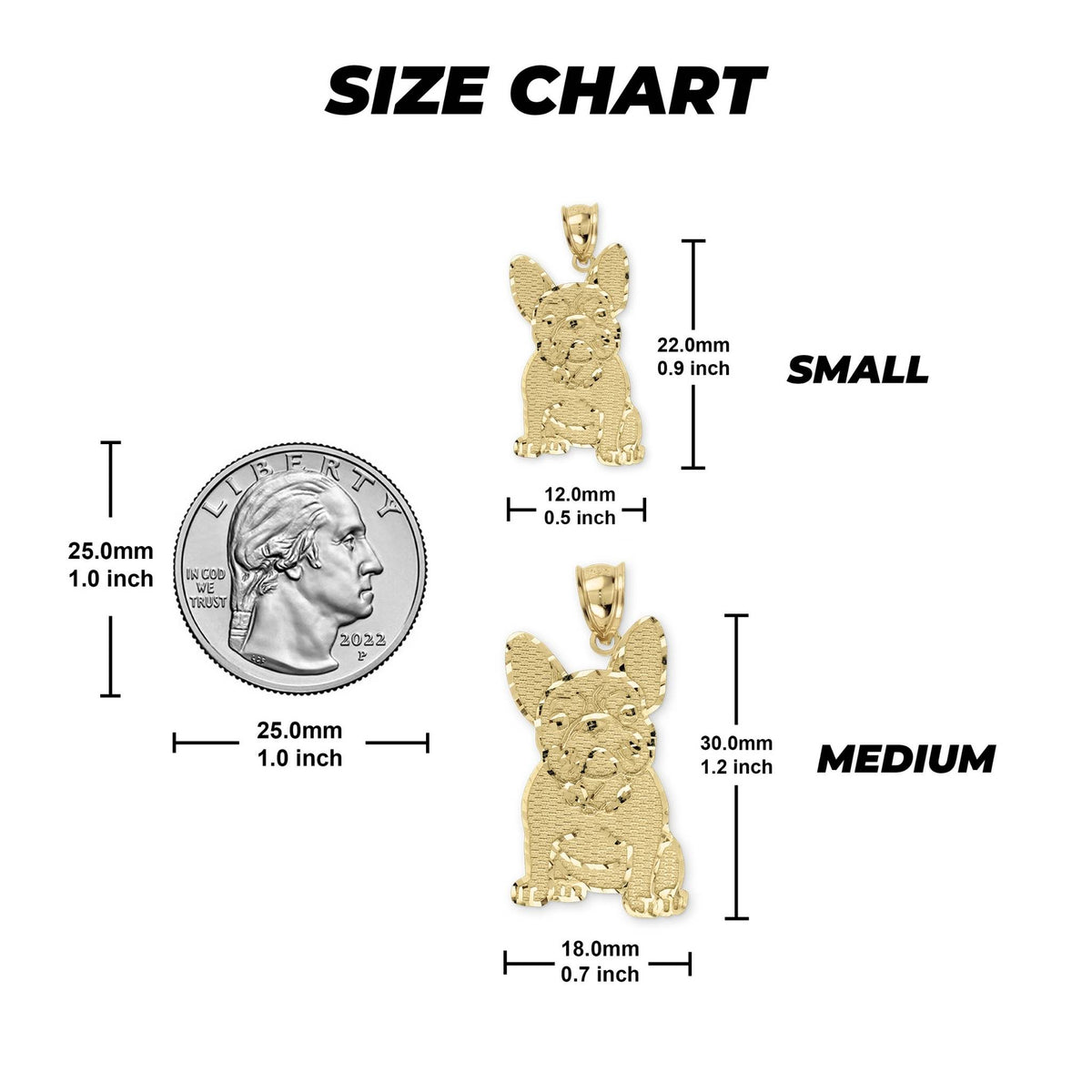 Size chart graphic displaying dimensions for small and medium French Bulldog pendant options.