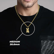 A man wearing a medium gold French Bulldog pendant labeled MEDIUM 30.0mm.