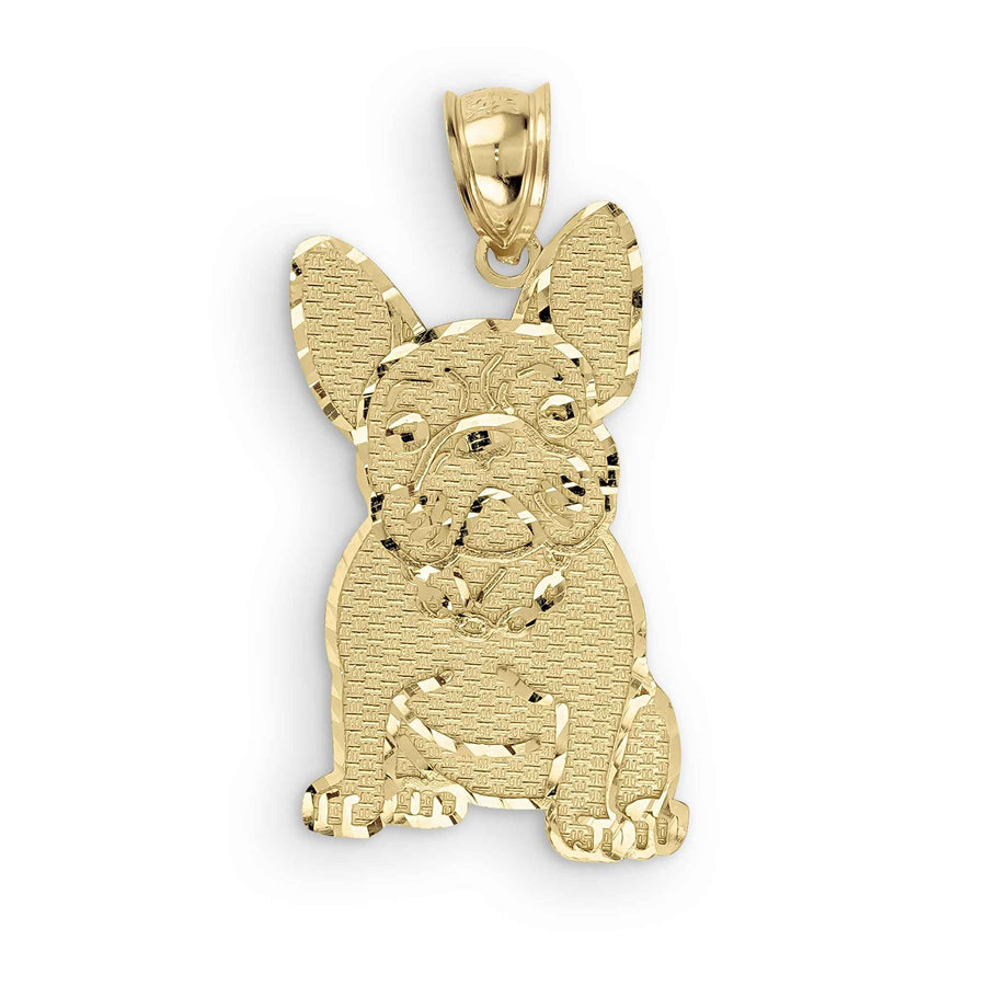 A gold French Bulldog pendant with textured body details and polished accents on white.