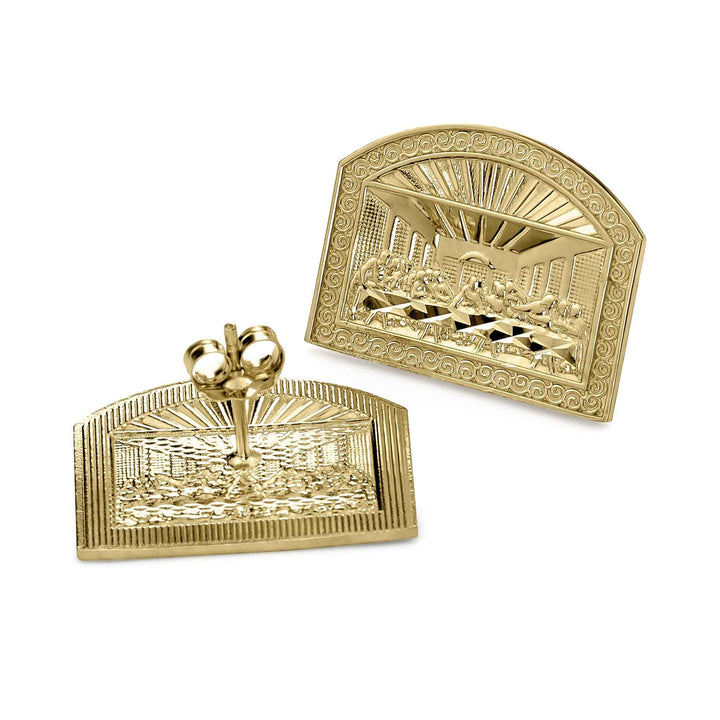Detailed back and angled front view of 10k gold Last Supper stud earrings.