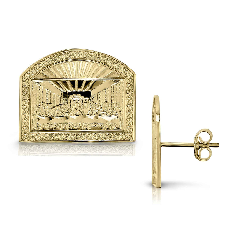 Front and side profile of 10k gold vintage Last Supper stud earrings.