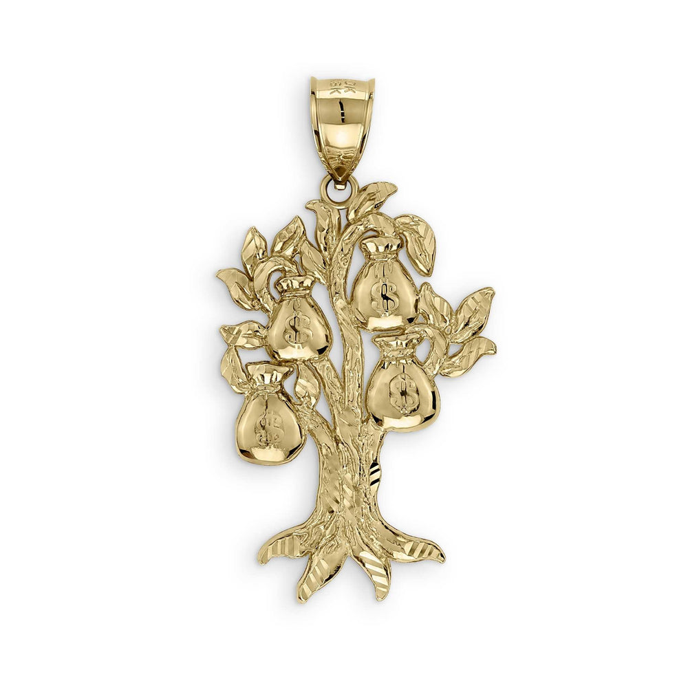 Detailed yellow gold money tree pendant featuring textured leaves and dollar sign bags.