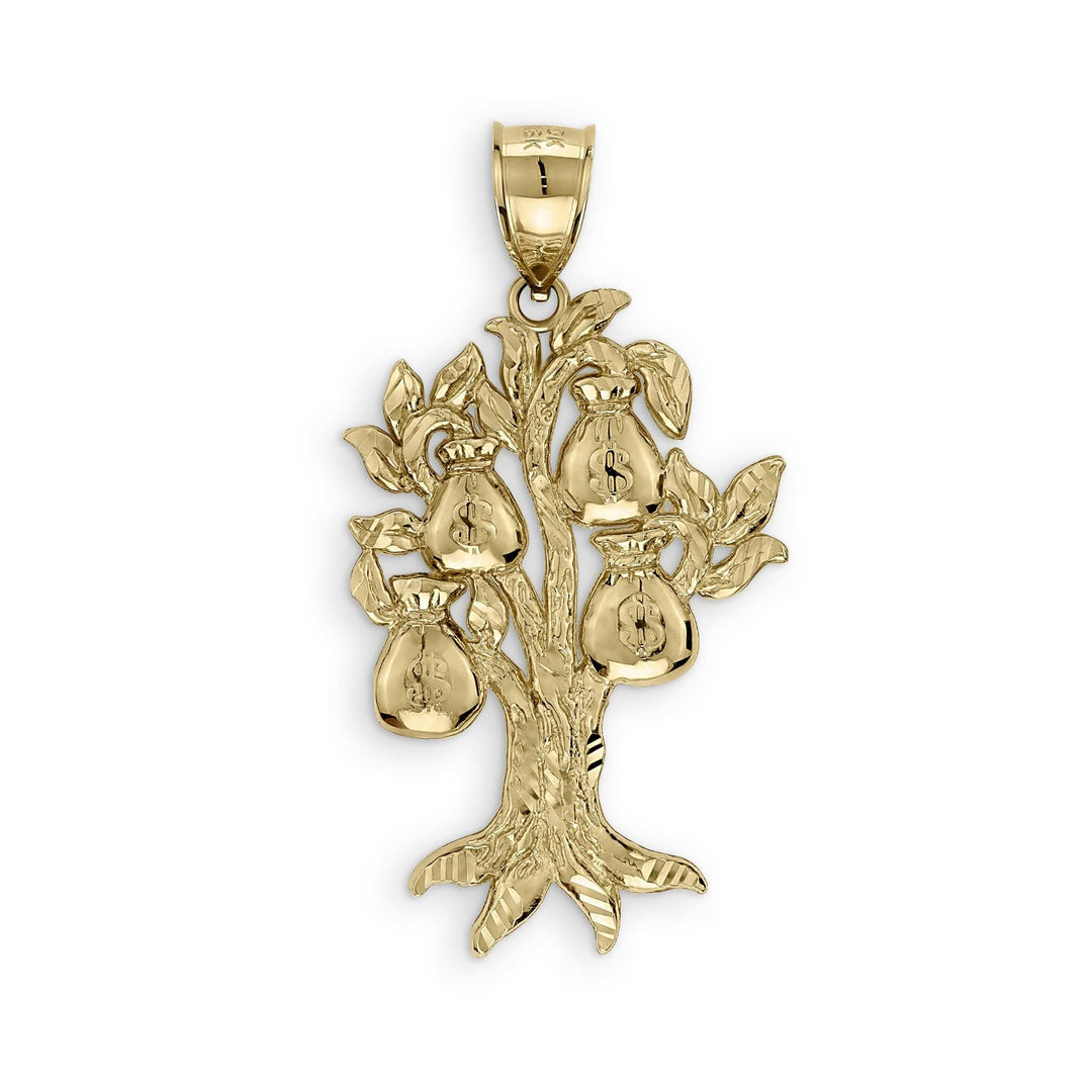Detailed yellow gold money tree pendant featuring textured leaves and dollar sign bags.