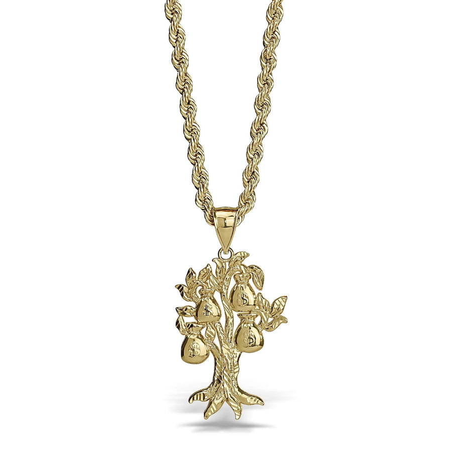 10k Gold Vintage Money Bag Tree Pendant featuring a detailed prosperity tree motif on a gold rope chain.