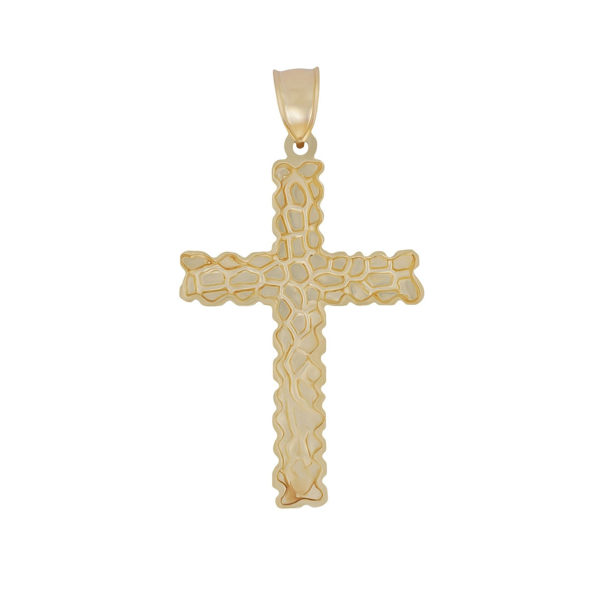 10k gold vintage nugget textured cross pendant charm shown on plain white background.