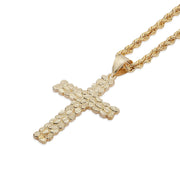 Front-facing view of the 10k Gold Vintage Nugget Cross Pendant on a matching gold rope chain.