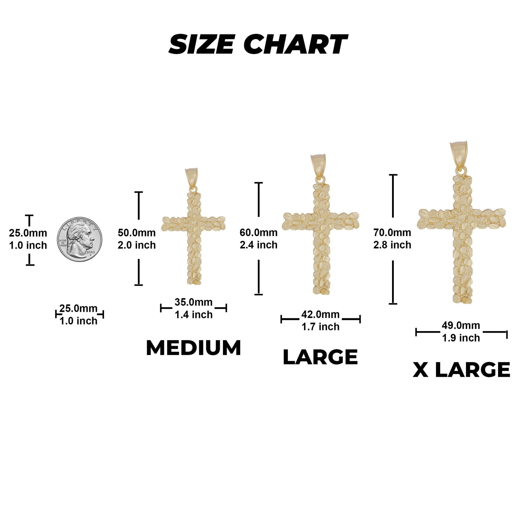 Size chart for the 10k Gold Vintage Nugget Cross Pendant showing dimensions for Medium, Large, and X Large sizes.