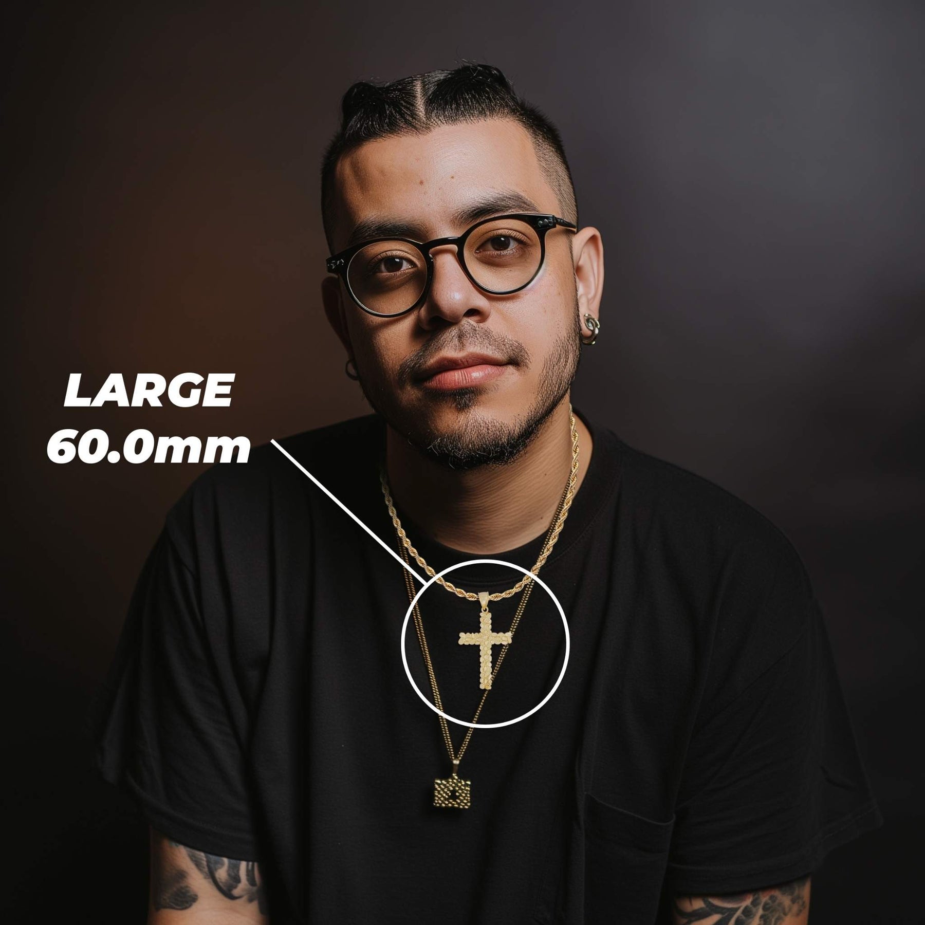 Man wearing the 10k Gold Vintage Nugget Cross Pendant showing Large 60.0mm dimensions.